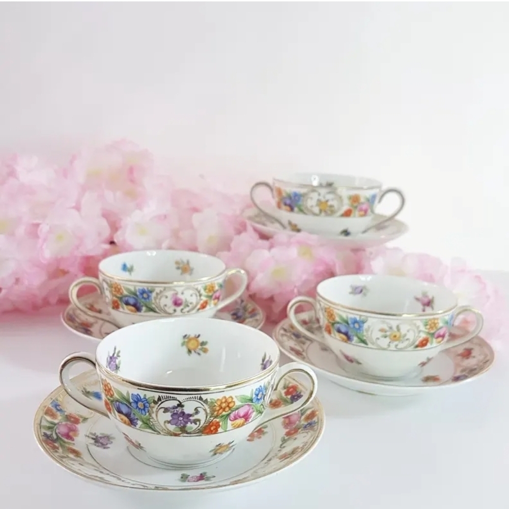 Vintage Dresden Style Porcelain Bouillon Soup Cup or Double Handled Tea Cup